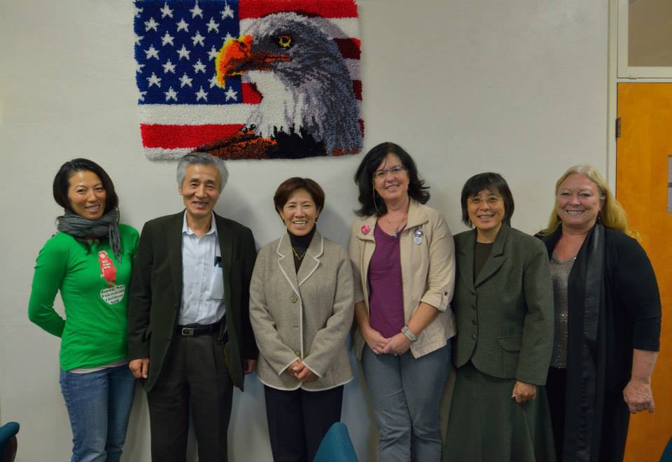 Miki Bay, Shinshuu Hida, Setsuko Kida, Beverly Findlay-Kaneko, trip organizers Yumiko Kan and Vicki Nelson. — at San Diego Japanese Southern Baptist Church.